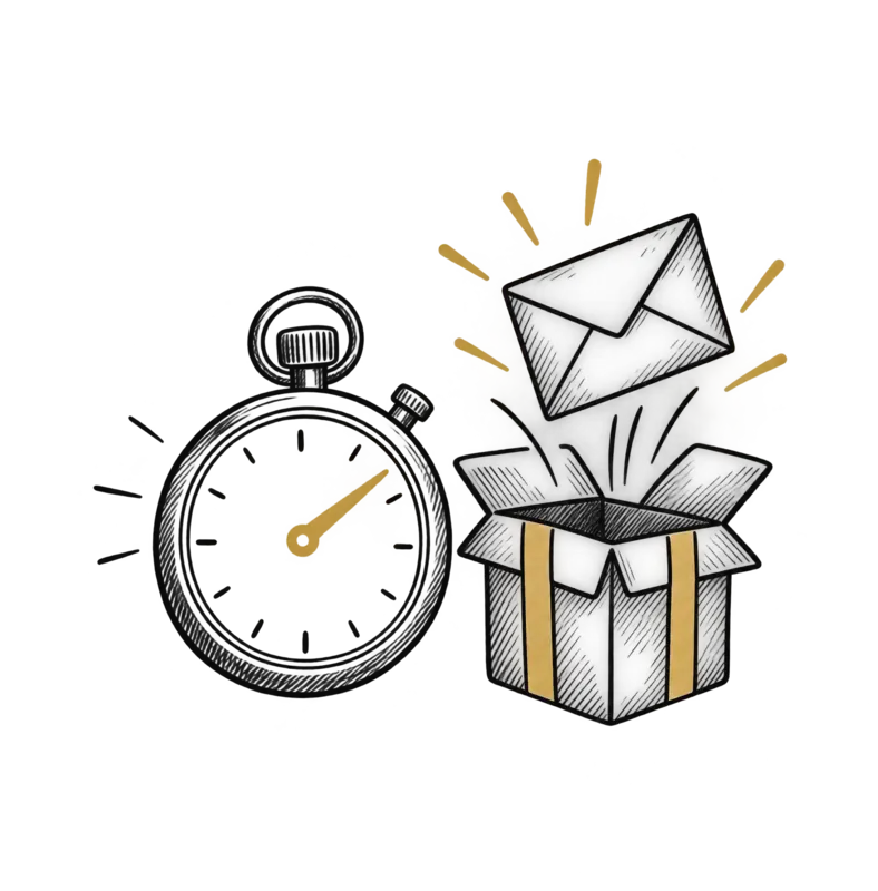 Drawing: a stopwatch and an open gift box with an envelope rising from it.