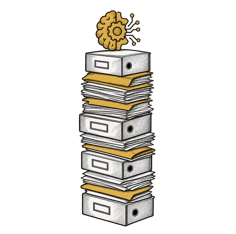 Drawing: stacked file drawers with a memory mark above them.
