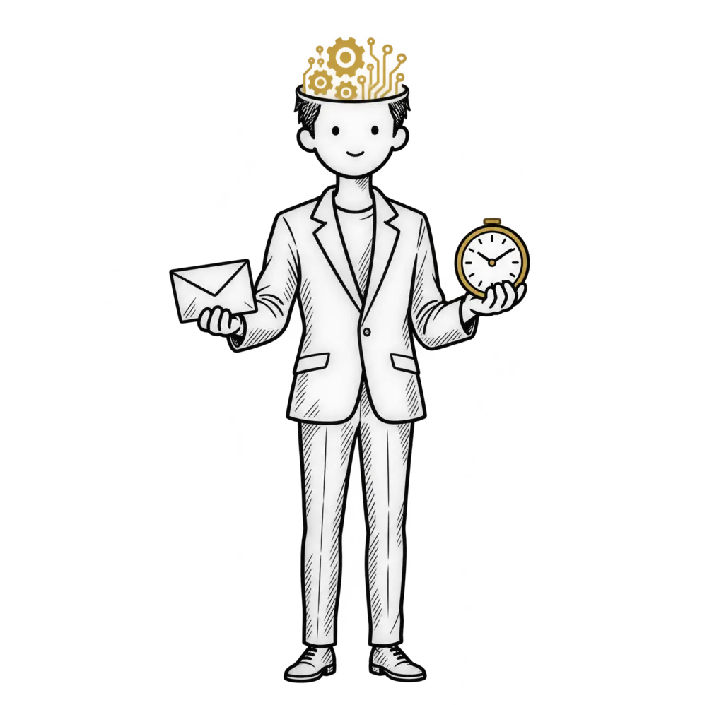 Drawing: a secretary holding an envelope and a clock.